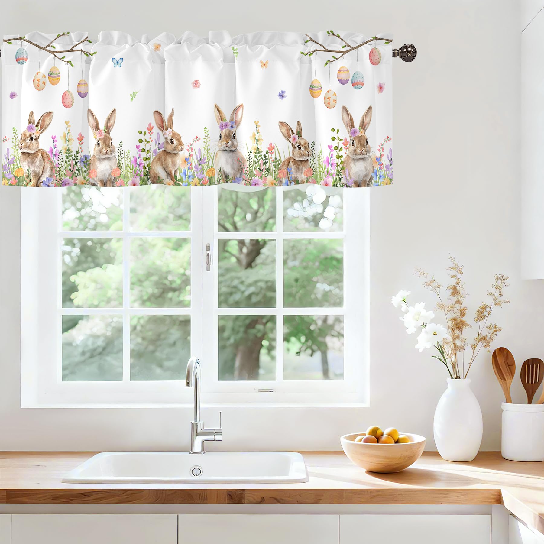Spring Easter Kitchen Valances for Windows, Rod Pocket Sheer 54x18 in