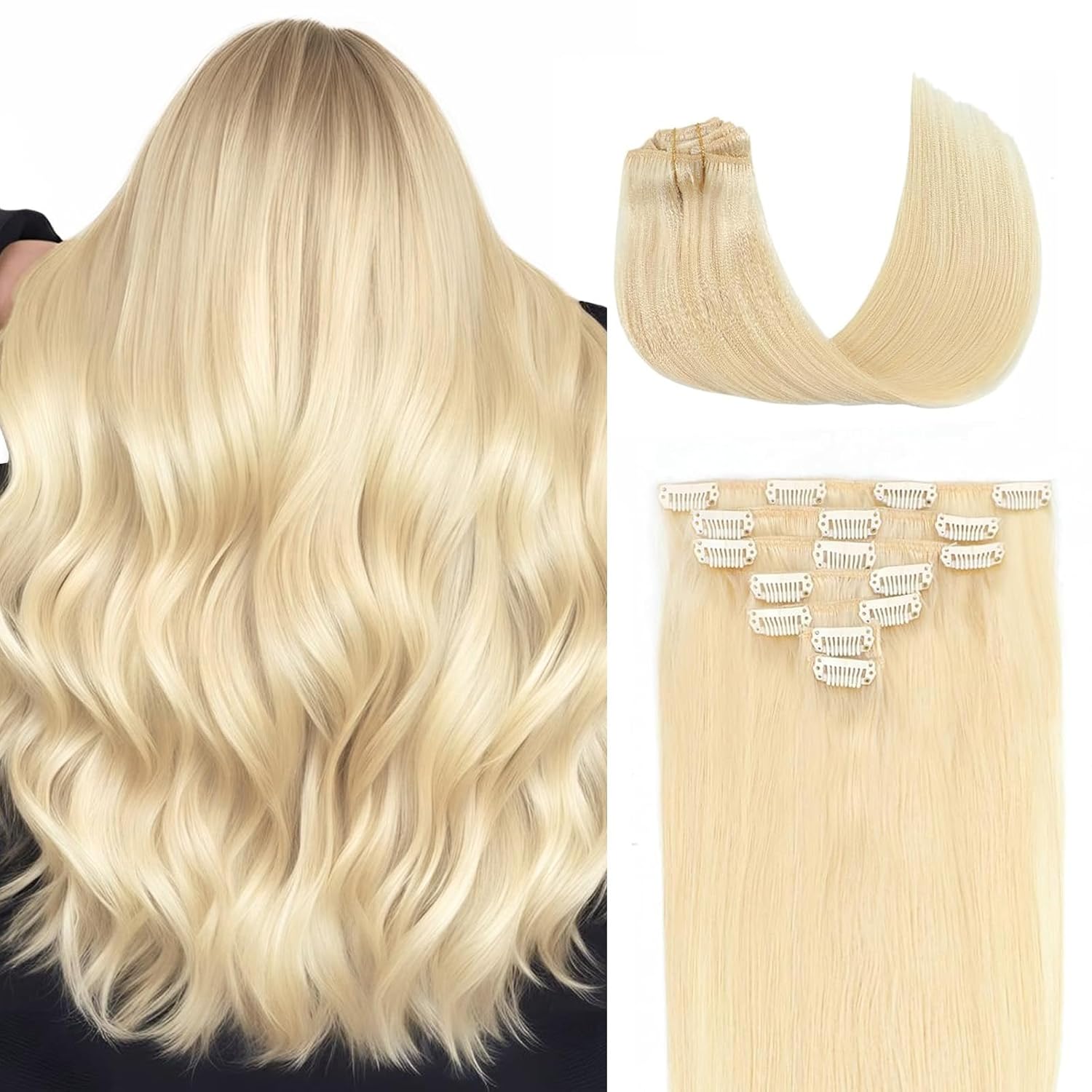 Clip in Hair Extensions Real Human Hair,100% Human Hair,7 Pcs 80g Natural soft Straight Double Weft Clip ins for Women 18 Inch #613 Bleach Blonde