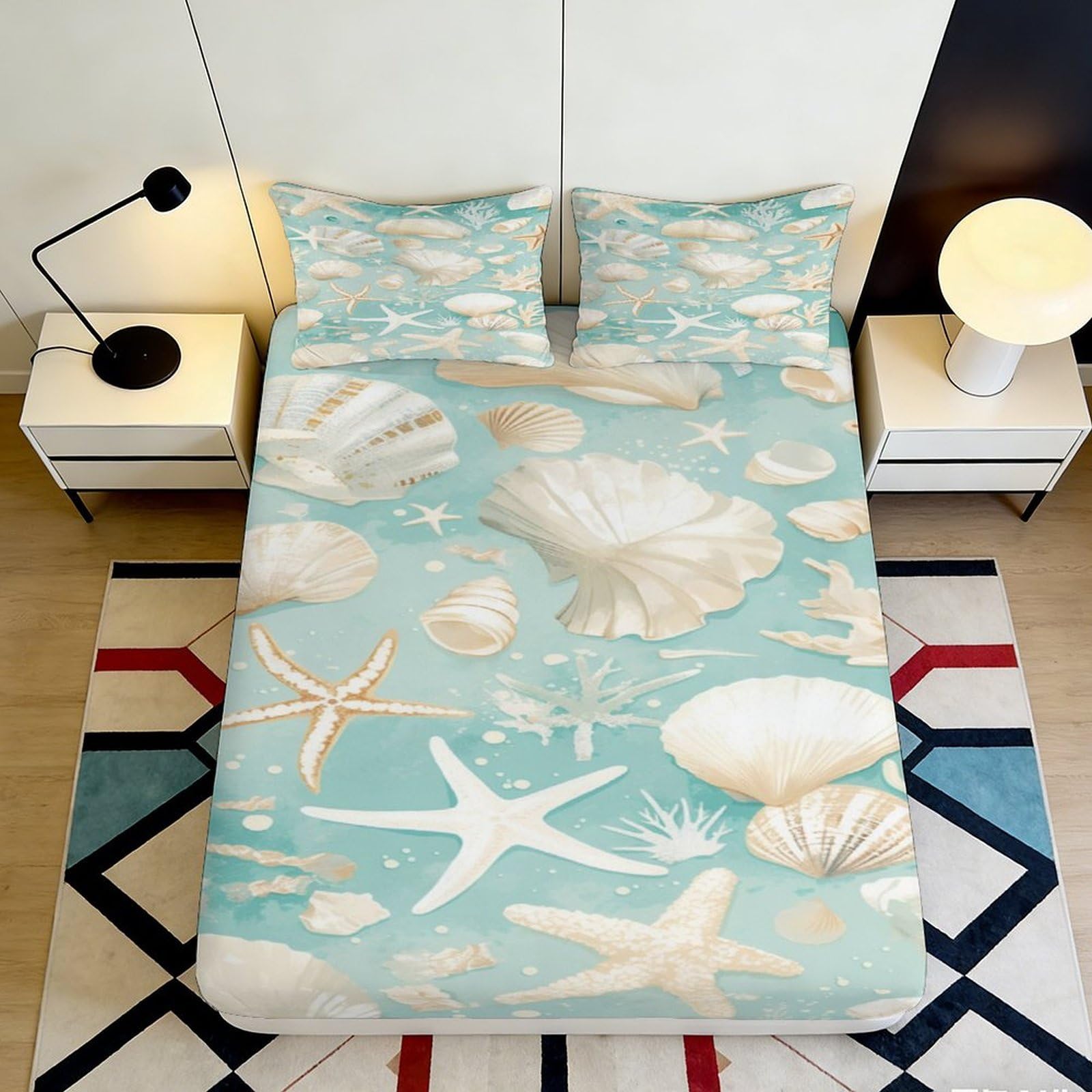 3D Printed Seashell Fitted Sheet Microfiber Soft Breathable Starfish Mattress Cover for Bedroom Dormitory Guest Room Protection Decor 160x200x25cm