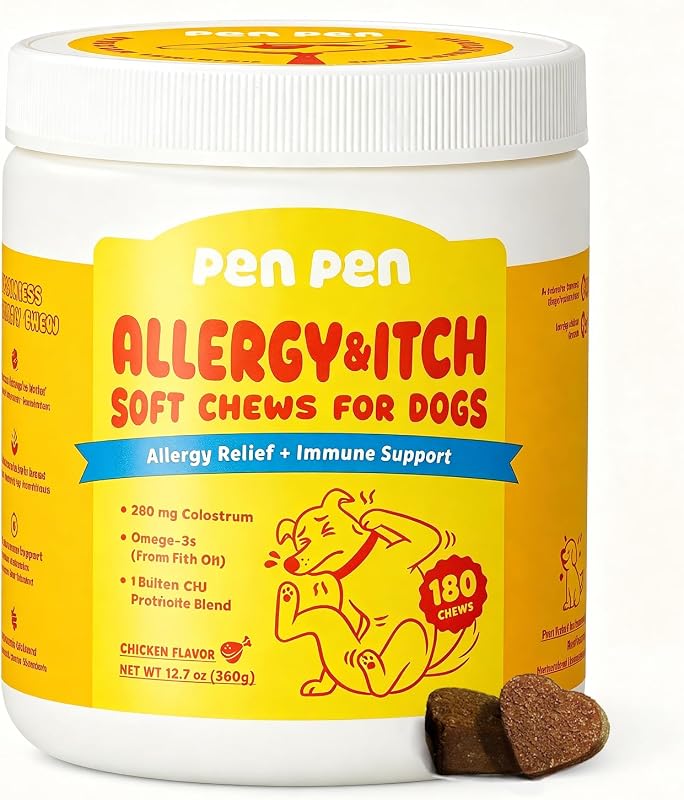 Suplemento para Coceira e Pele de Cães PENPEN com Probióticos e Ômega 3, Sabor Frango, 180 mastigáveis macios