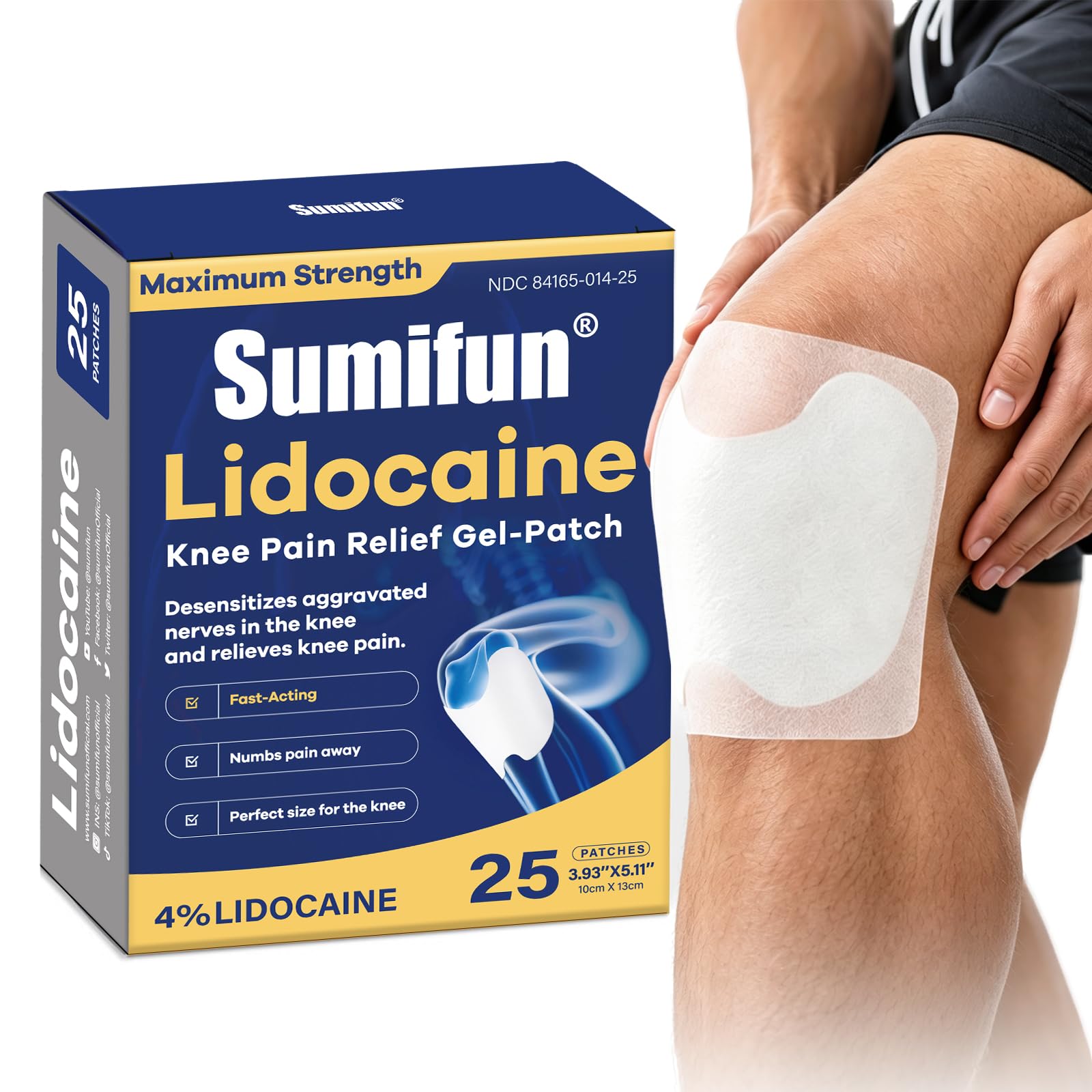 Sumifun Lidocaine Knee Pain Relief Patches Maximum OTC Strength 25 Counts