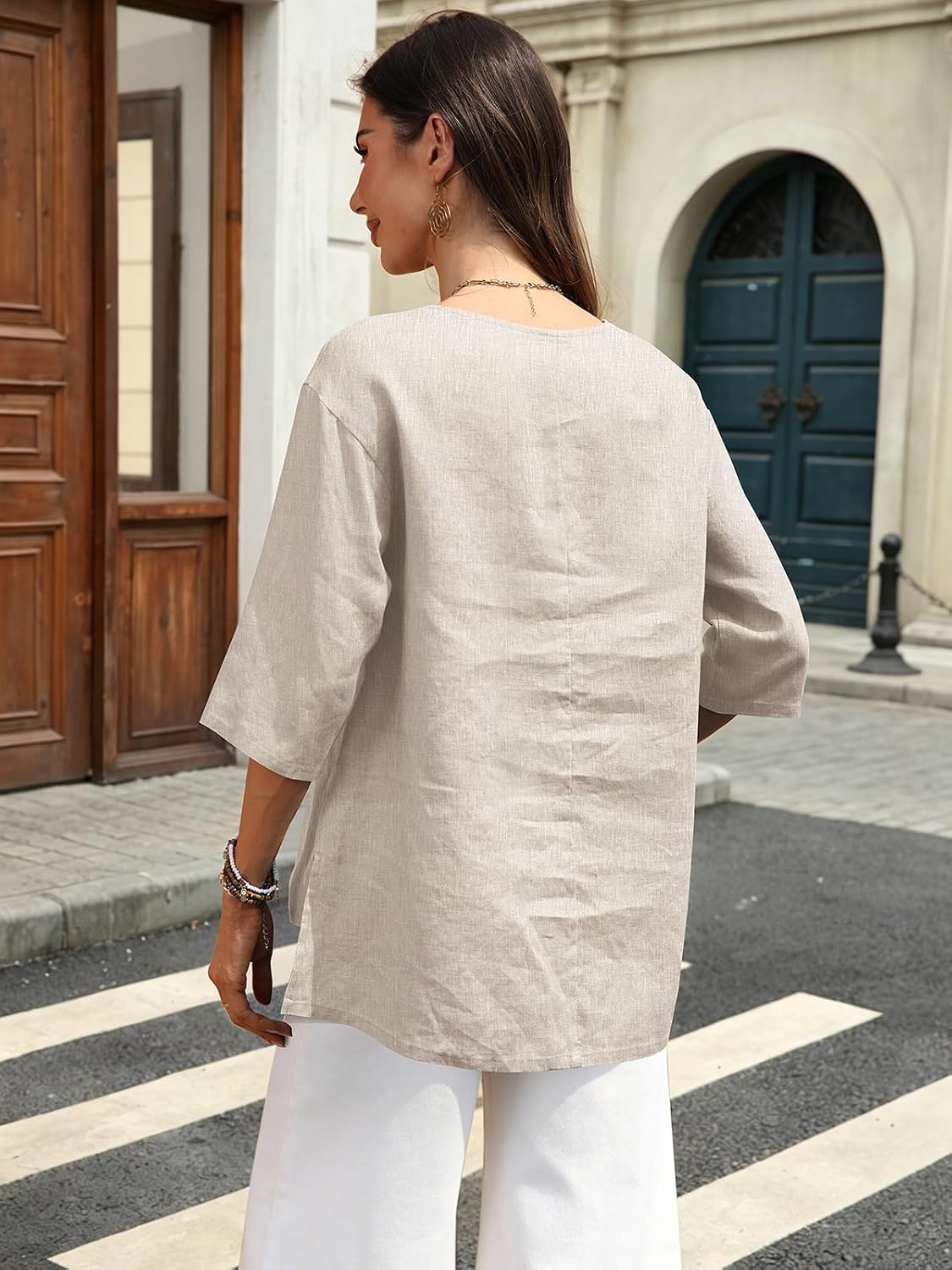 Women's 100% Linen Shirt 3/4 Sleeve Henley Neck Elbow Sleeve Button up Shirt 2026 Slit Irregular Hem Tunic Top