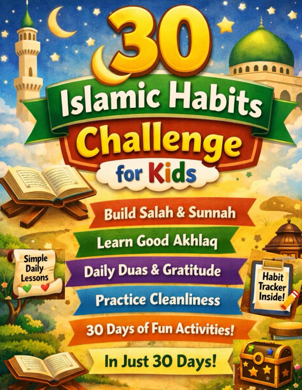 30 Islamic Habits Challenge for Kids: A 30-Day Step-by-Step Guide to Build Salah, Sunnah, Good Manners, Cleanliness & Strong Iman — With Daily ... Trackers, Rewards & Certificates (Ages 4–9)