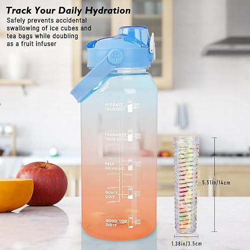 Miniatura 6 de Botella de agua deportiva de 64 onzas con infusor de frutas, botella de agua motivacional 2 en 1 con popote y marcador de tiempo, jarra de agua