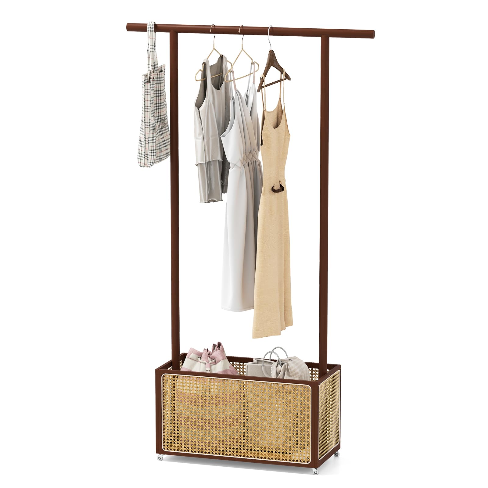 GIANTEX Burro Ropa con Ruedas, Perchero de Pie de Bambú con Cesta de Almacenamiento de Ratán y Barra de Colgar, Estilo Rústico, 100x32,5x172cm, Organizador de Ropa para Entrada, Dormitorio (Marrón)