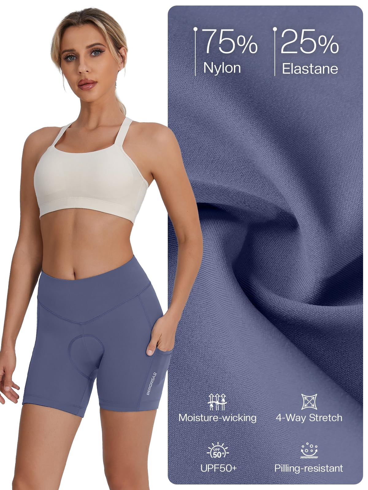 BERGRISAR Short de cyclisme rembourré 4D pour femme avec 3 poches | Tissu évacuant l'humidité, 3 poches sécurisées, ouvertures antidérapantes pour les jambes