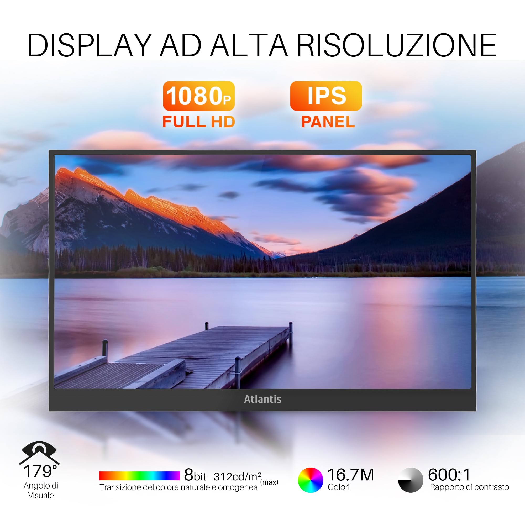 Atlantis Monitor Portatile 16” IPS Full HD, HDMI/USB-C, sotto 1 kg | Speaker 2x1W, inclinazione regolabile, per notebook, console e Switch, cavi inclusi, cod. A05-P156WP