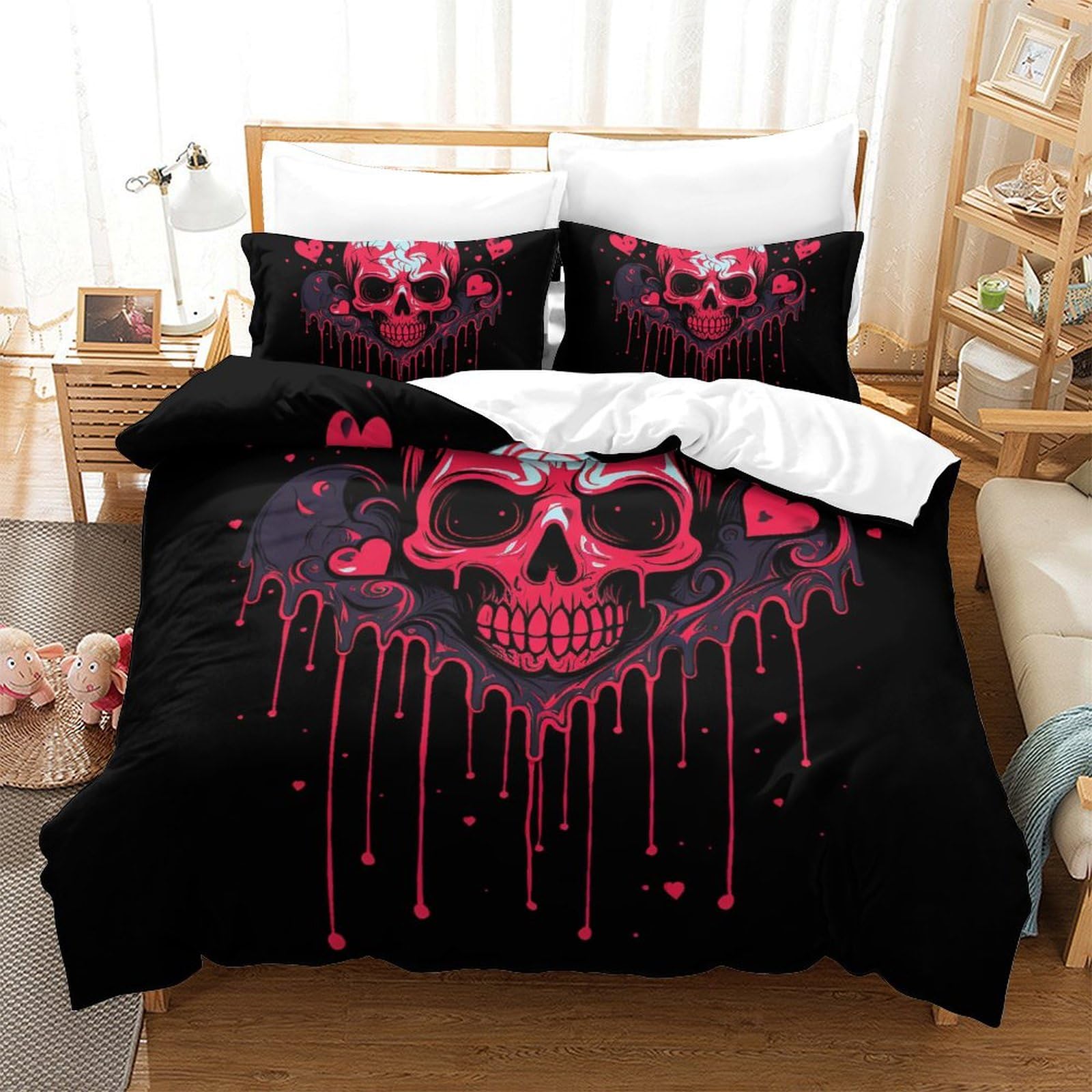 Housse de couette crâne parure de lit 3 pièces microfibre 220x240cm