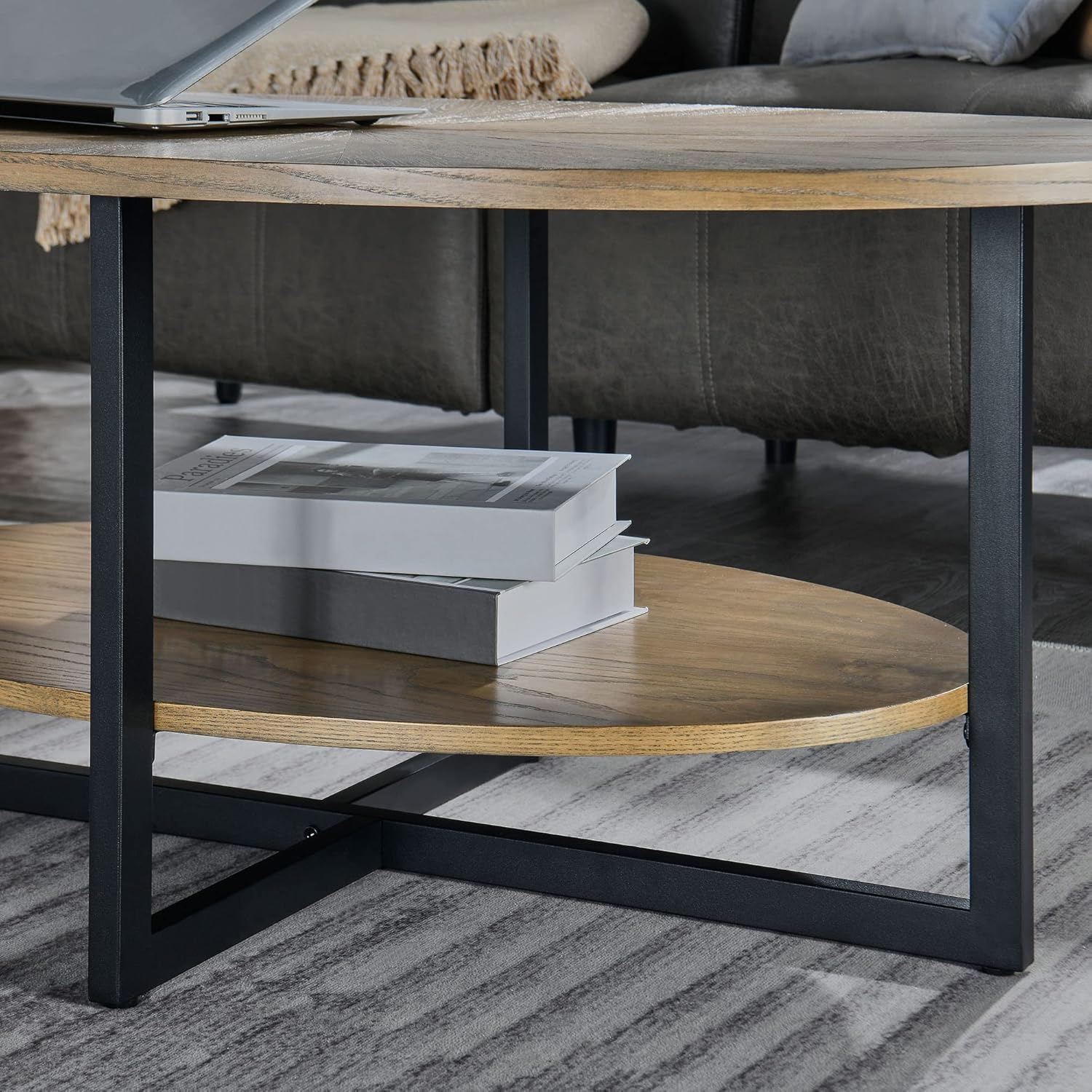 PADMA HOUSE Couchtisch Oval Holz mit Tablett, 110 * 66 Modern wohnzimmertisch mit Kreuz Metall Beine, Kaffeetisch für Wohnzimmer Schlafzimmer