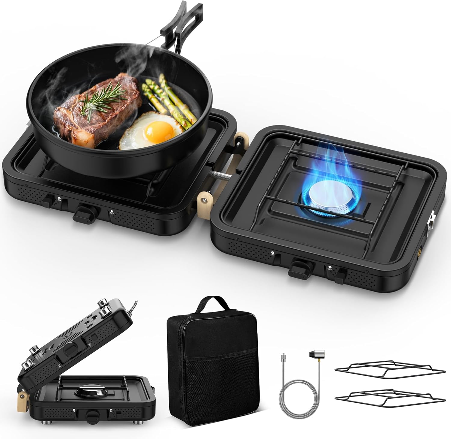 Camp Stove Propane, 2 Burner Folding Propane Camping Stove with Carrying Bag, Adjustable High Heat Burners & Piezo Push-Button Instant Ignition, Outdoor Tailgating, Backyard BBQ Camping Essentials Camp Stove Propane, 2 Burner Folding Propane Camping Stove with Carrying Bag, Adjustable High Heat Burners & Piezo Push-Button Instant Ignition, Outdoor Tailgating, Backyard BBQ Camping Essentials