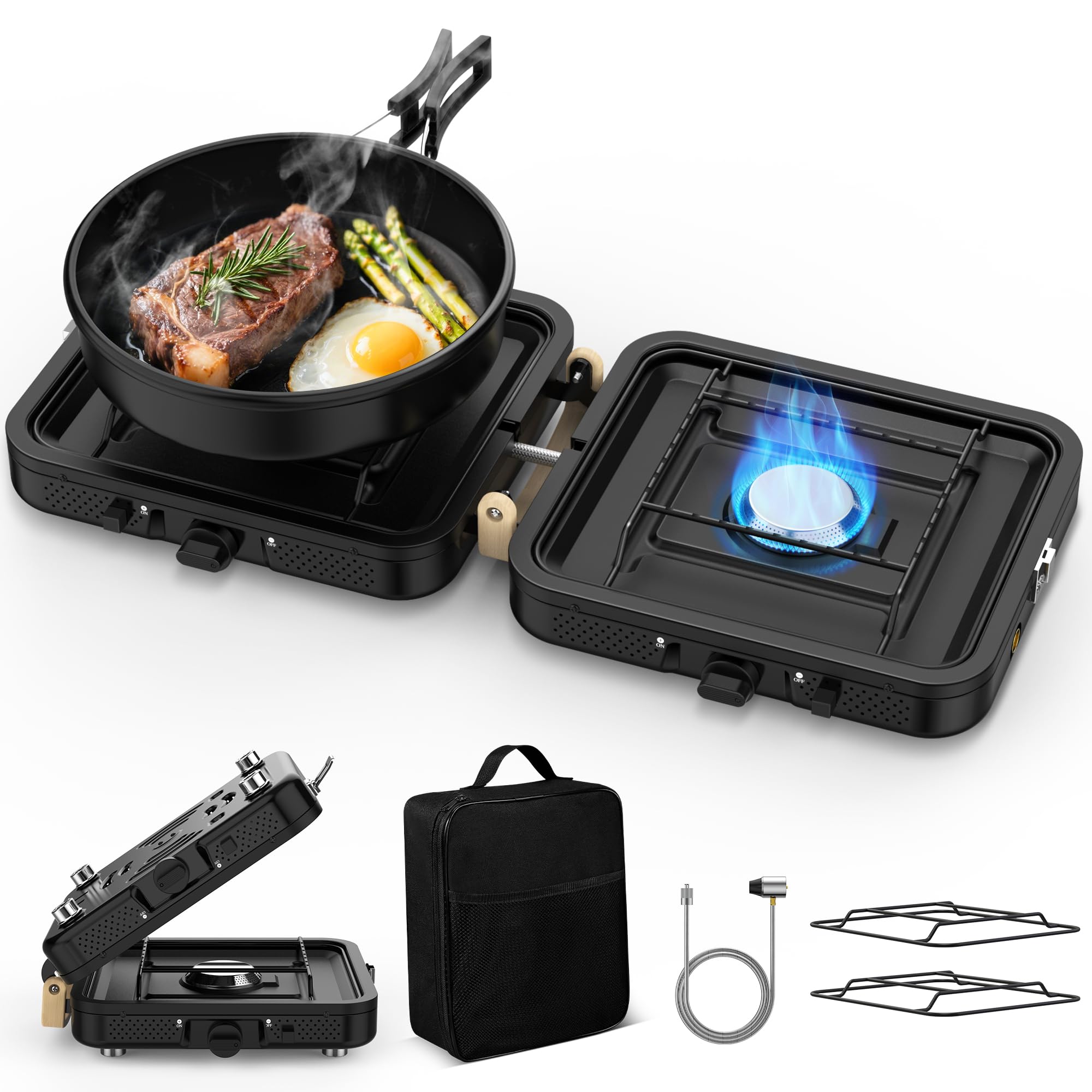 Photo 1 of 2 Burner Camping Propane Stove, Portable Folding Propane Stove with Carrying Bag, Adjustable High Heat Burners & Piezo Push-Button Instant Ignition, Outdoor Tailgating, Backyard BBQ Camping Essentials
