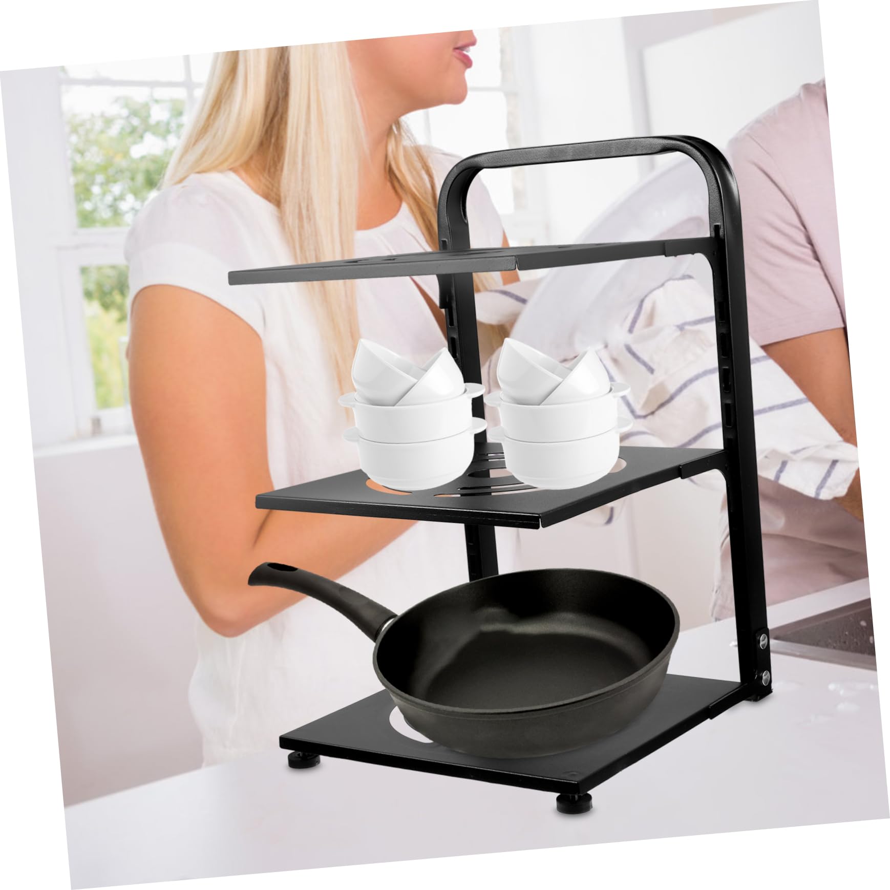 Estante Ajustable para Organización de Sartenes y Ollas de 3 Niveles Negro de Acero al Carbono en Encimera o Gabinete de Cocina