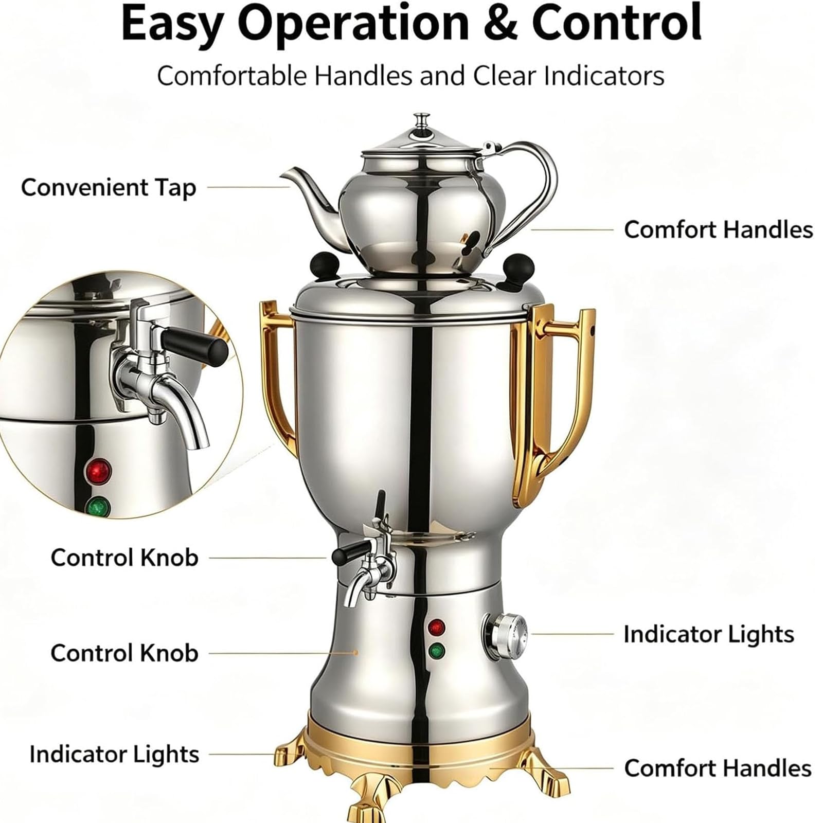 Samovar elettrico da 1800 W con teapo a 2 strati e acciaio inossidabile