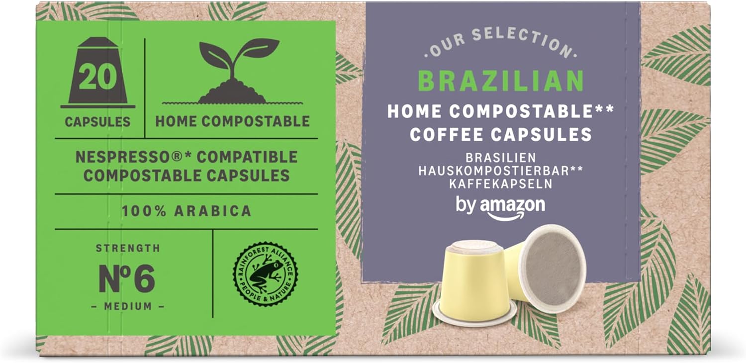 by Amazon Home, Capsule di Caffè Compostabili Compatibili con Nespresso, 100% Arabica Brasiliana, 20 Pezzi, Certificate Rainforest Alliance
