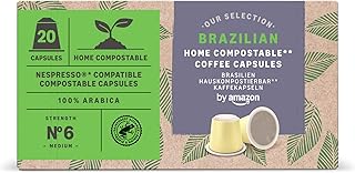 by Amazon Kompostierbare Kaffeekapseln, Kompatibel mit Nespresso, 100% brasilianischer Arabica, 20 Stück – Rainforest Alliance-zertifiziert