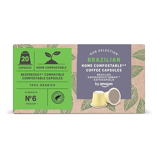 by Amazon Home, Capsule di Caffè Compostabili Compatibili con Nespresso, 100% Arabica Brasiliana, 20 Pezzi, Certificate Rainforest Alliance