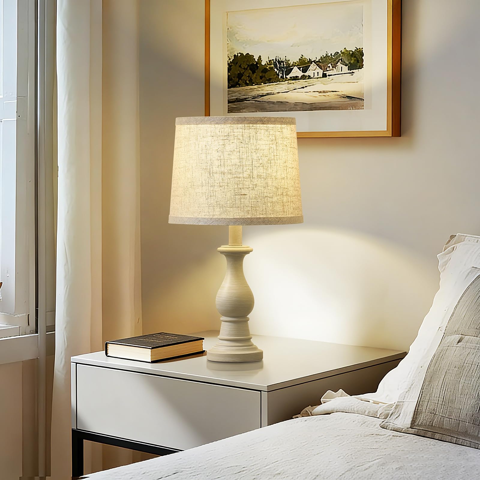 Hikczc Vintage Table Lamp for Living Room Bedroom, 18.5" Farmhouse Bedside Lamps Nightstand Lamp Set of 2, Table Lamps with Oatmeal Linen Lamp Shades, 2 LED Bulbs Included Product Image 5