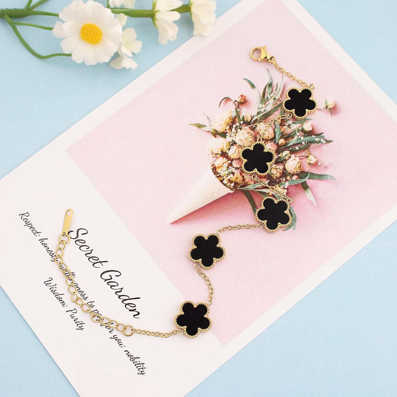 (Skin-Friendly&Fade-Resistant) 18K Gold Plated Bracelets Set for Women (Double Sided) Four Leaf Clover Cute Trendy Lucky Bracelet (Adjustable) Gold Jewelry for Women Birthdays Holidays Gifts 3pcs - Image 7