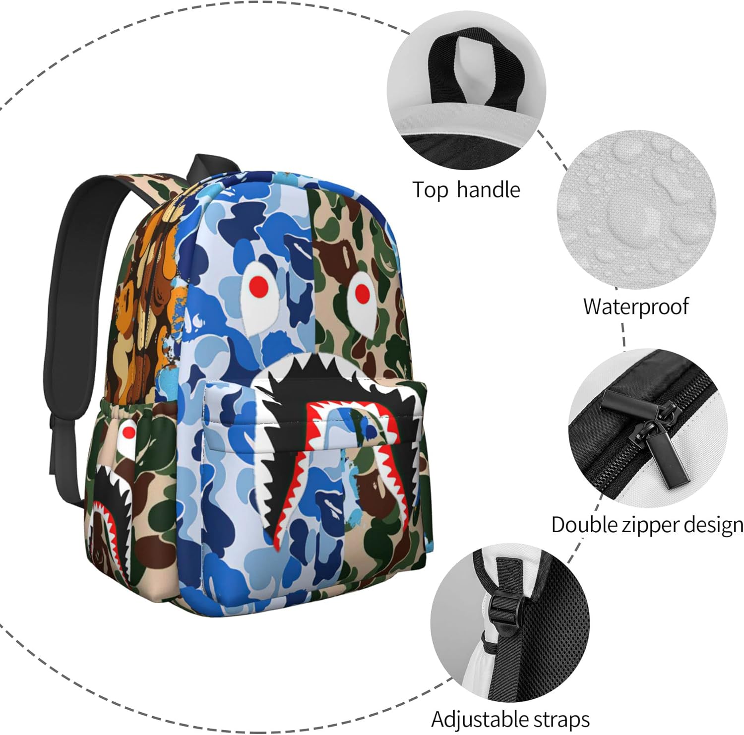 Vkaxopt Backpack Shark Teeth Camo Backpacks Travel Laptop Daypack Big Capacity Bookbag Fashion Durable for Men and Women