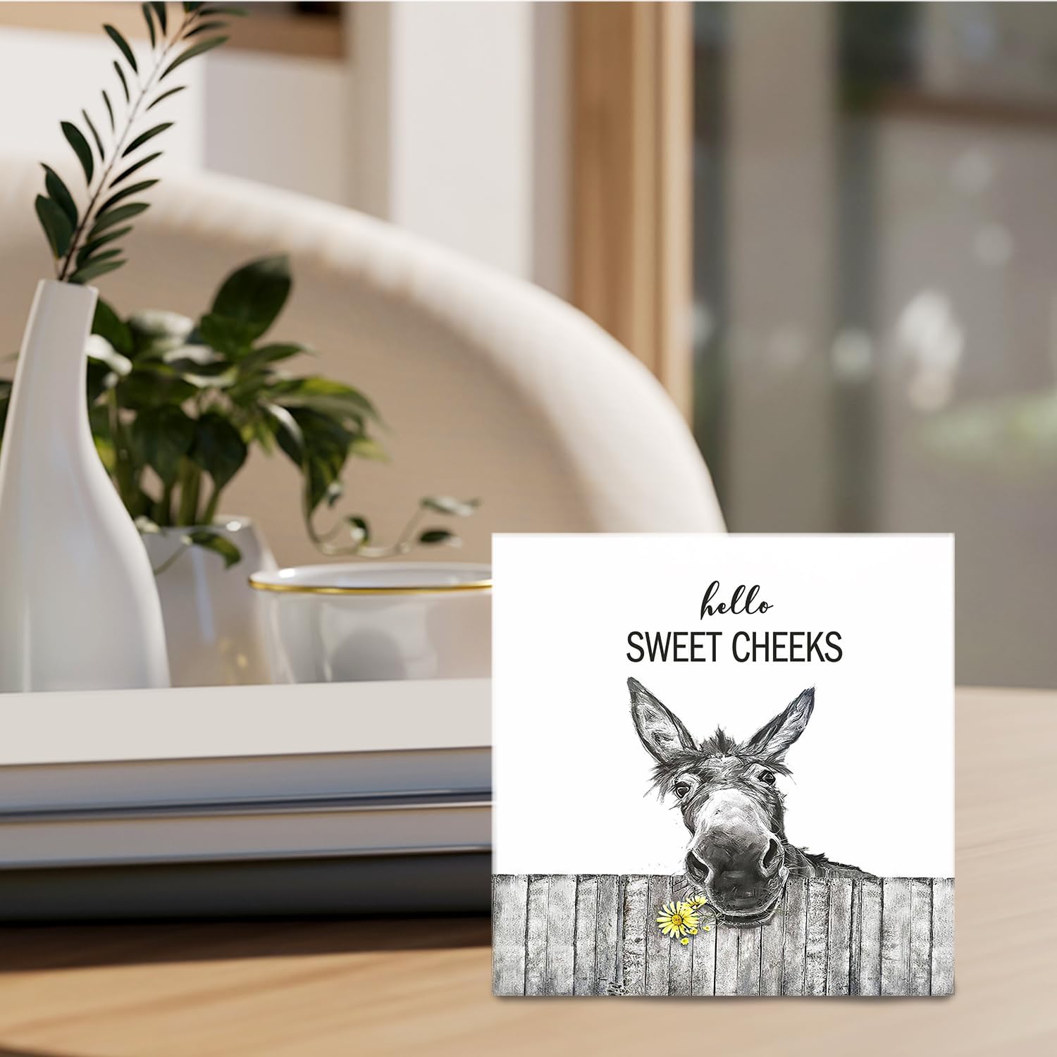 Funny Bathroom Wooden Signs - Rustic Hello Sweet Cheeks Bathroom Decor, Funny Donkey Farmhouse Decor, 5 X 5 Inches - Image 2