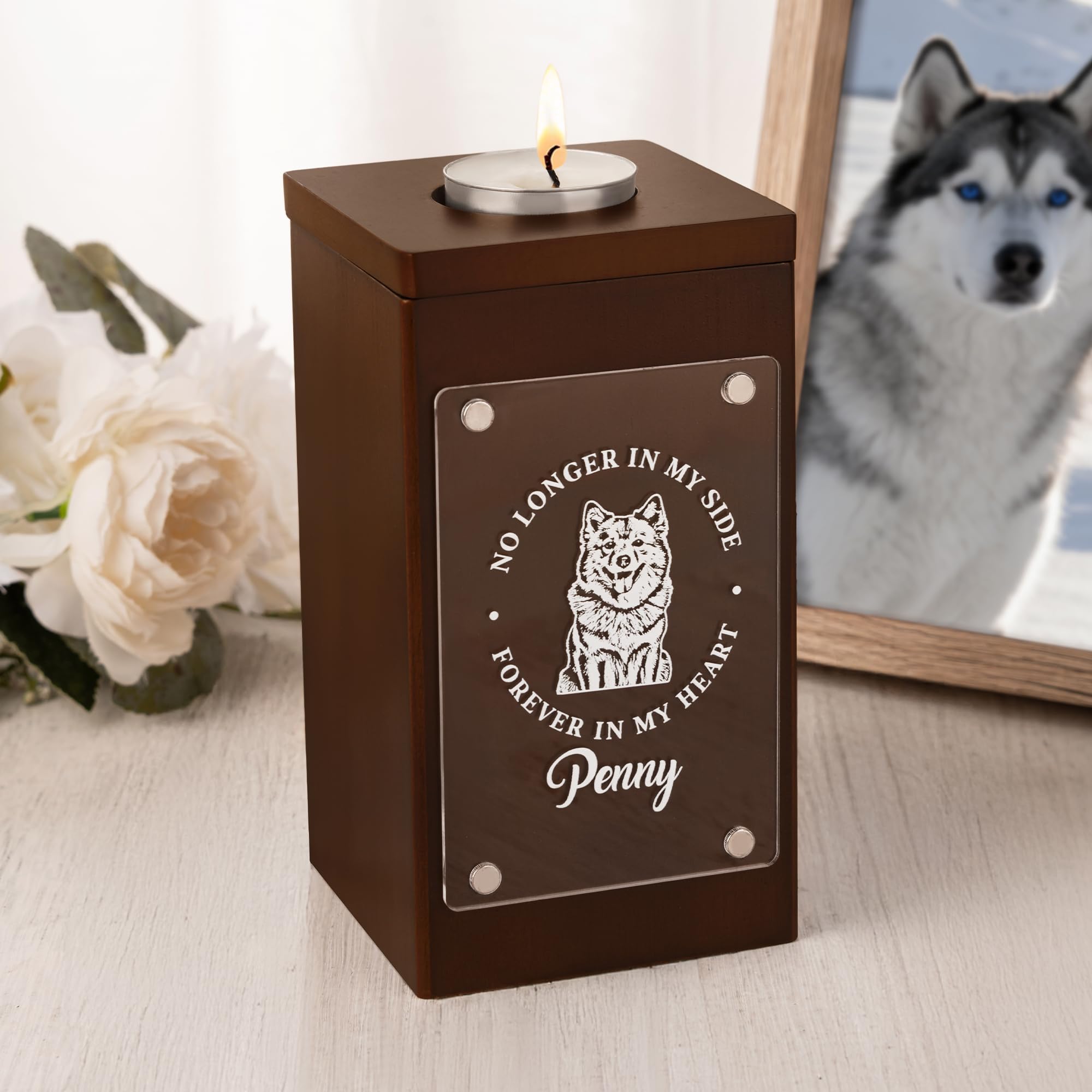 Personalised Pet Wooden Urn Memorial Box, Custom Photo Dog Cat Ashes Keepsake with Candle Holder, 8x15cm