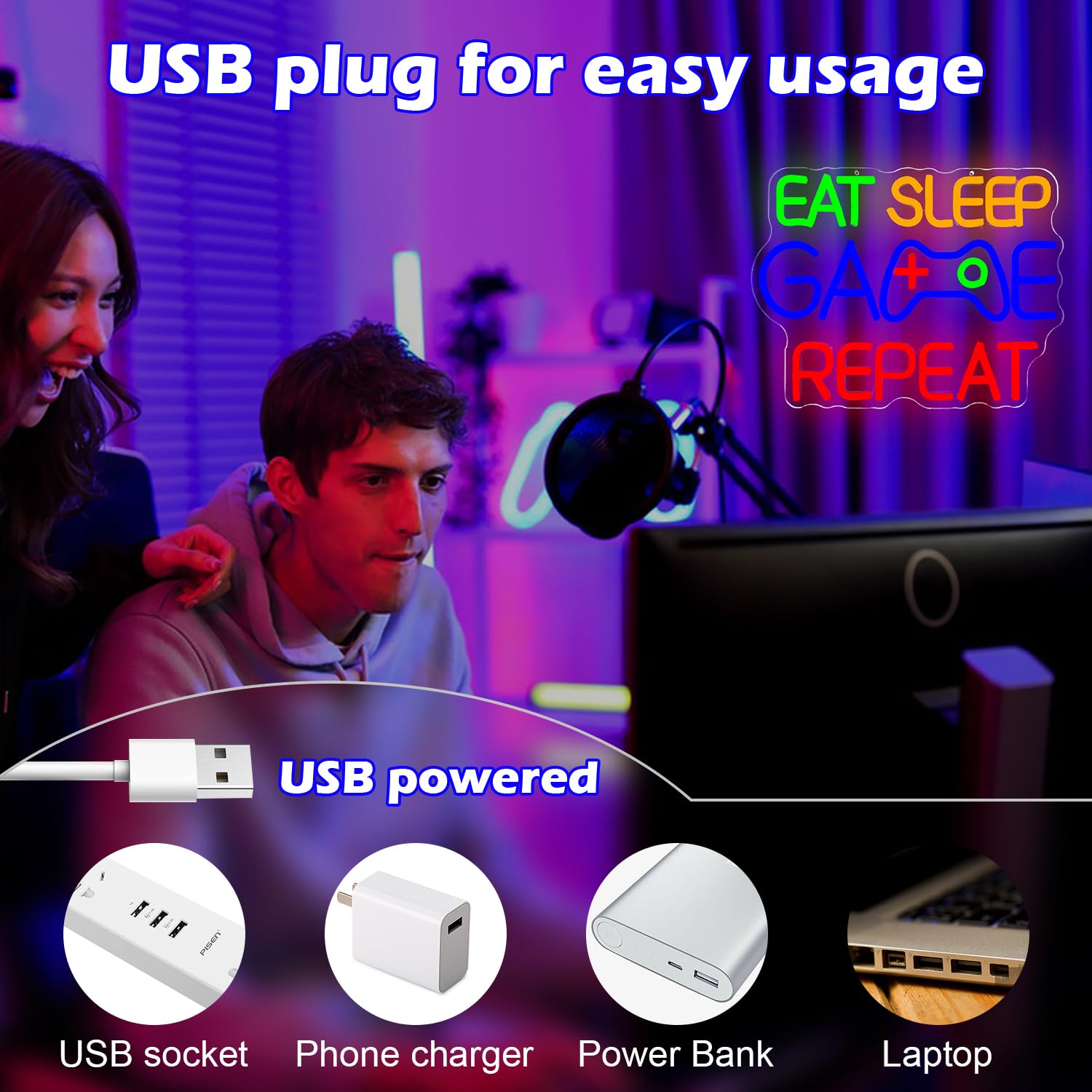 Eat Sleep Game Repeat Insegna al neon da gioco LED per la stanza dei ragazzi alimentata tramite USB, cartello decorativo per uomo, grotta, bar, camera da letto, sala giochi, arte da parete al neon per