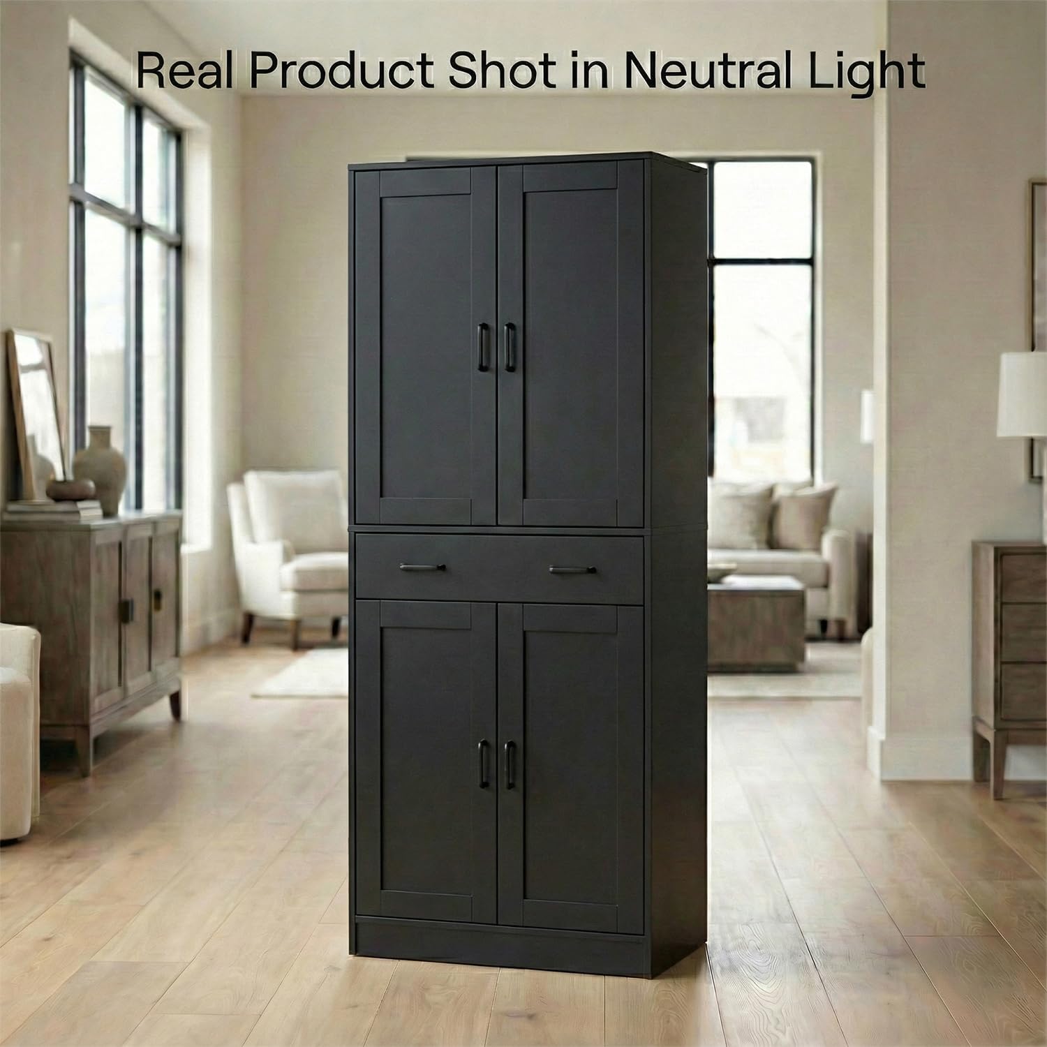 71" Tall Kitchen Pantry Cabinet, Freestanding Food Storage Cupboard with Drawer and 4 Doors, Large Black Utility Floor Cabinet with Adjustable Shelves for Dining Room, Breakroom, Home Office
