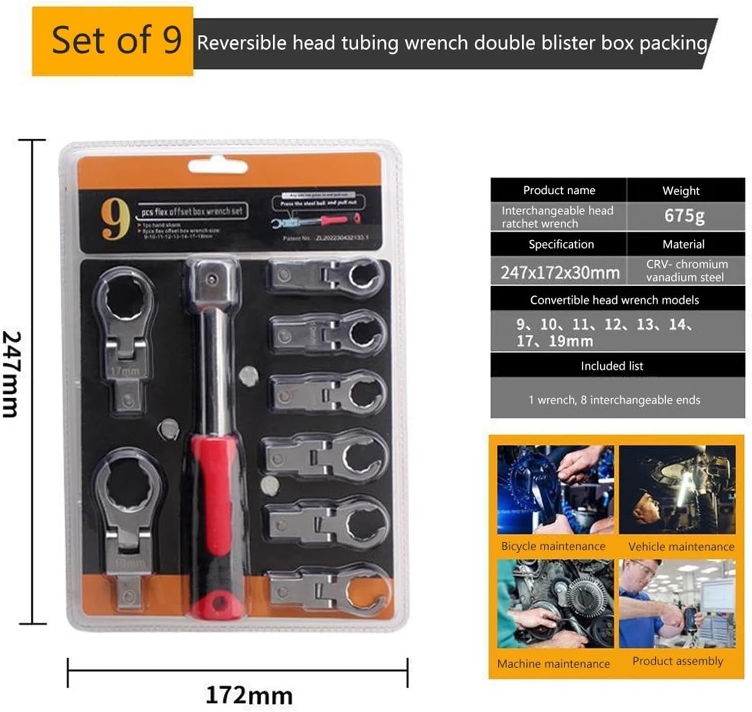 9Pcs/set Flex Offset Box Wrench Set Replaceable Head Torx Adjustable Multifunction Wrench Handle Tools Compatible With Mechanic Work