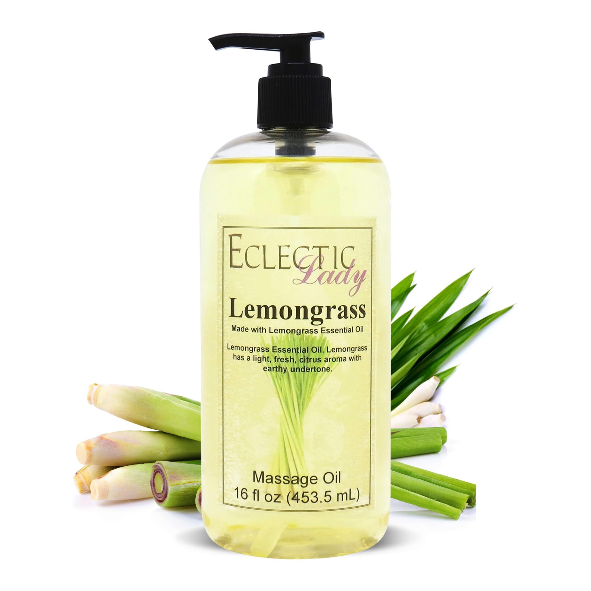 All Natural Lemongrass Massage Oil - Eclectic Lady 16 oz. 100% Natural Ingredients with Sweet Almond & Jojoba Oil, Relaxing Scent for Men & Women
