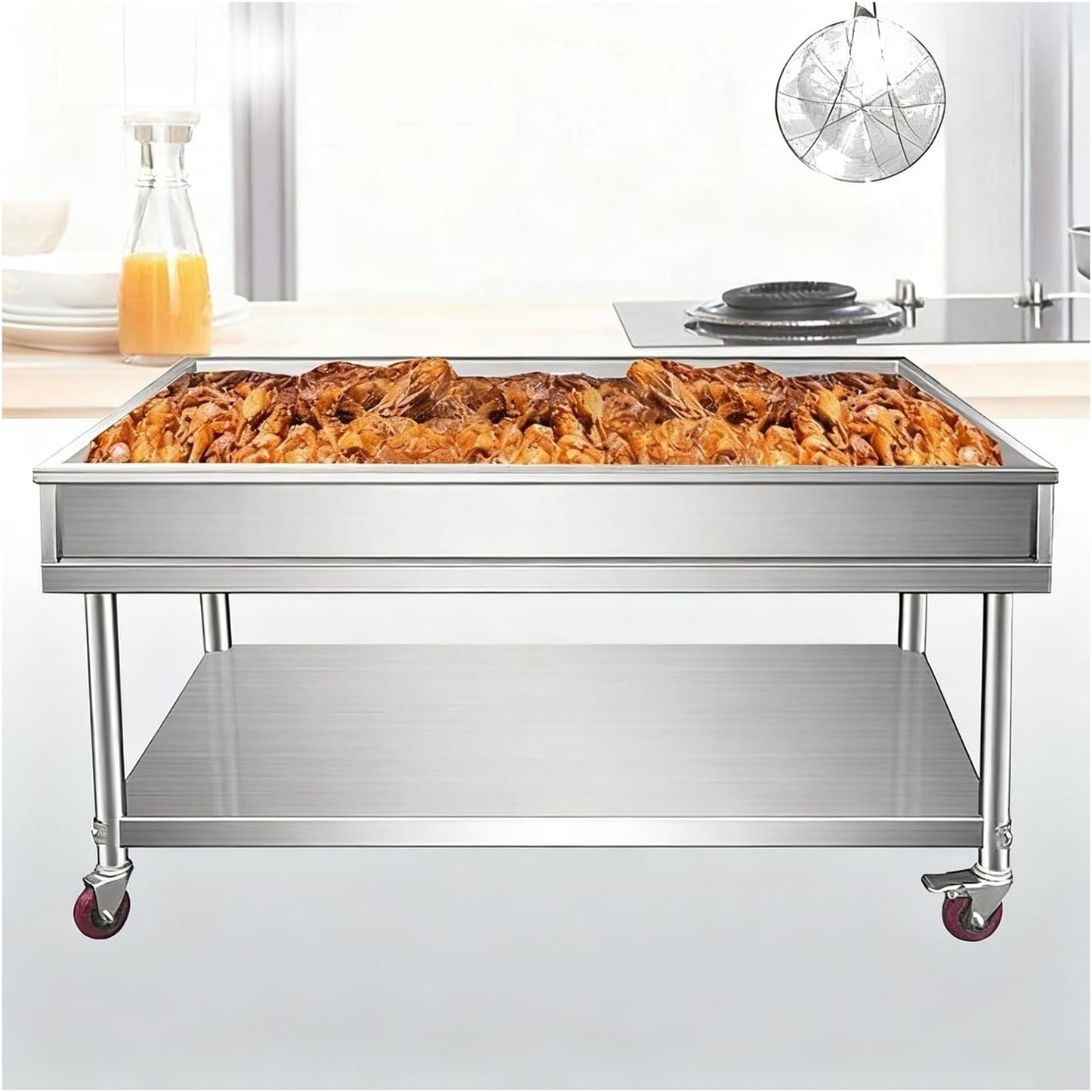 Stainless Steel Workbench with Wheels and Double-Layer Kitchen Work Table Suitable for Sorting and Processing at Night Markets H80 Cm Features Oil Filtration Functionality