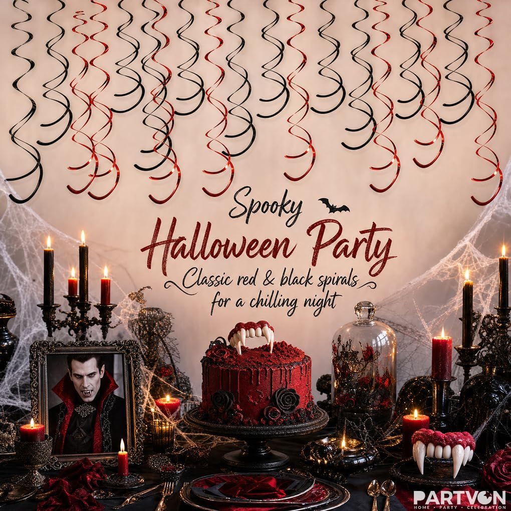 32 PCS Red Black Hanging Swirl, Sparkle Ceiling Hanging Decorations, Plastic Streamer Party Decorations for Casino Night, Graduation, Birthday Party, Halloween, Pirate Party