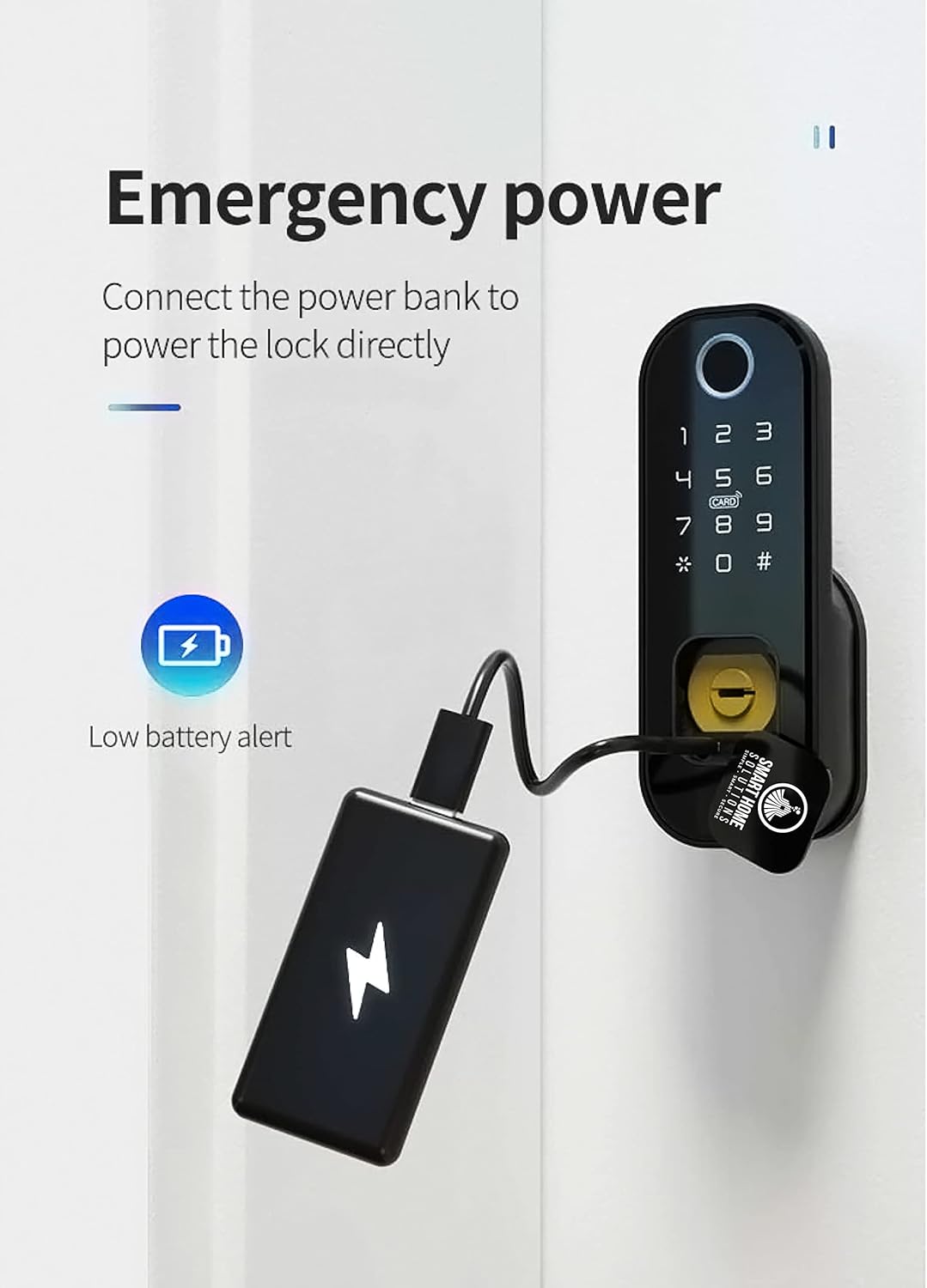 Image showing a power bank connected to the smart lock's emergency USB charging port.