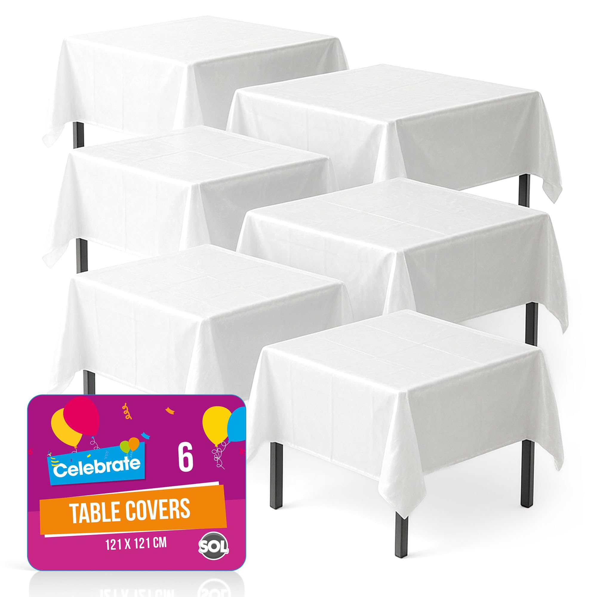 SOL 6pk White Table Cloth Party 121x121cm Plastic Cover Tablecloth Disposable for Parties - Heavy Duty Spill Protection - Opaque Design for Weddings, Buffets, Catering, Gender Reveals & Events