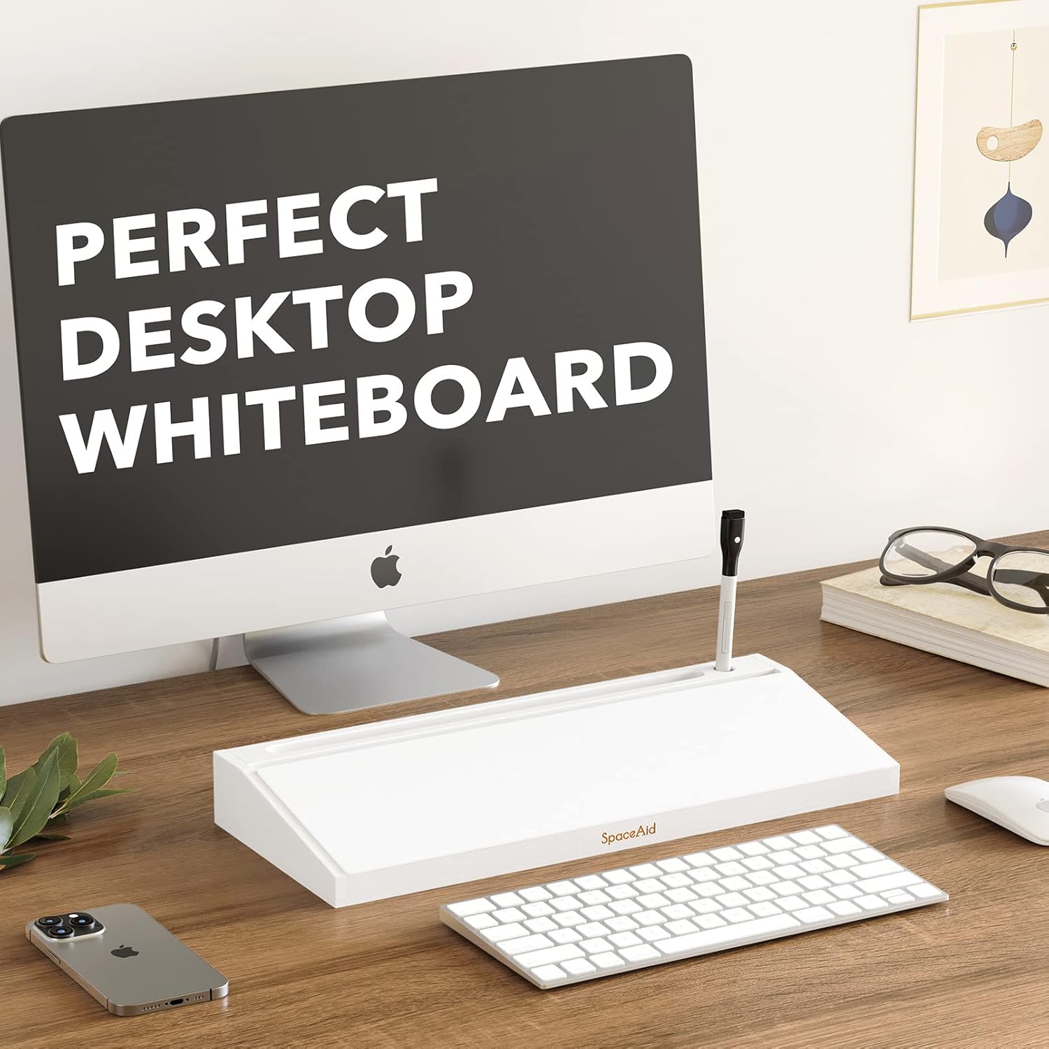 SpaceAid Bamboo Desktop Whiteboard with Organizer Box, Office Desk Dry Erase White Board Holder, Computer Keyboard Stand Pad for Office Supplies Storage (White)