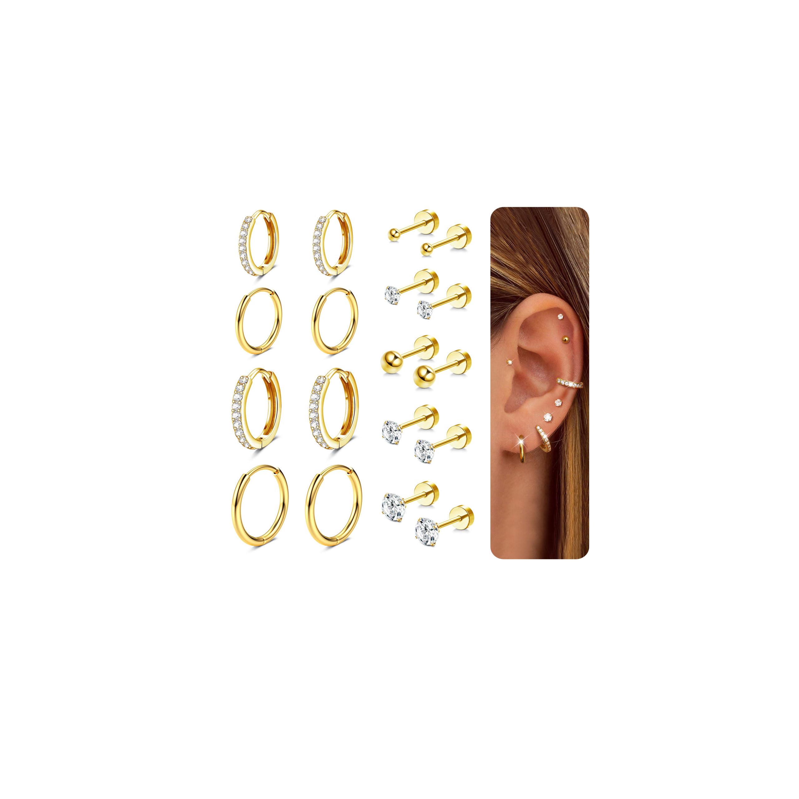 9 Pairs Earrings for Women, 316L Surgical Steel Earring Set 14K Gold Hoops Earrings Stud Earrings Hypoallergenic Cartilage Huggie Hoop Tragus Piercing Jewellery