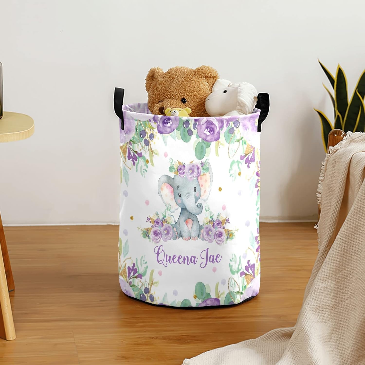 Purple Floral Elephant Storage Bin, Waterproof Oxford Fabric Clothes Basket Organizer for Laundry Hamper,Toy Bins,Gift Baskets, Bedroom, Clothes,Baby Nursery