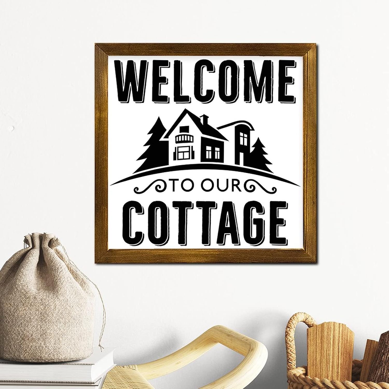 Welcome to Our Cottage Framed Wooden Signs Family Quote Door Sign Vintage Wall Art Hanging Farmhouse Decoration Plaque for Bedroom Living Room Wall Kitchen Home Housewarming Gift 12x12 Inch