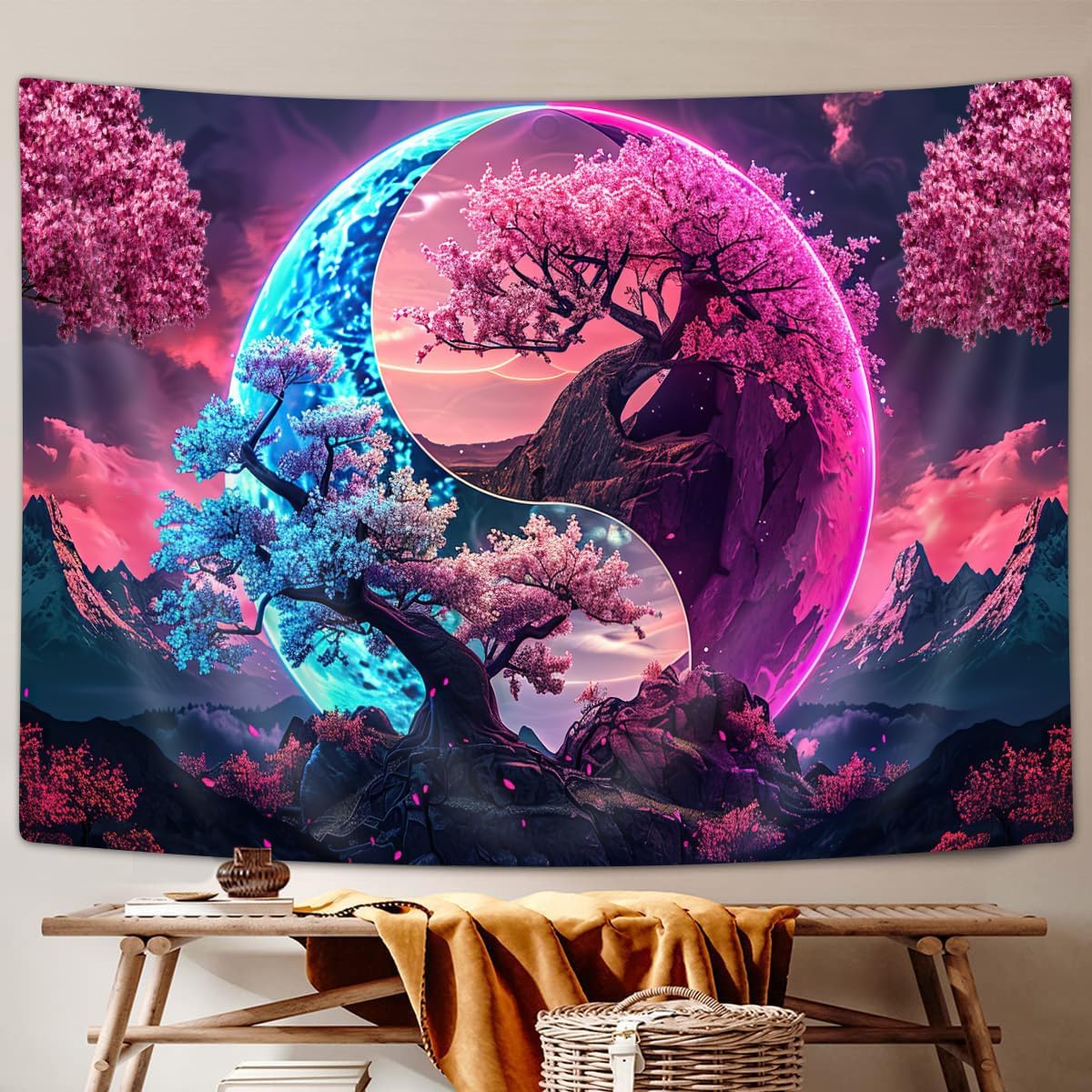 JAWO Tree Life Tapestry Aesthetic, Colorful Pink Flowers Sun and Moon Art Tapestry Wall Hanging for Girls Bedroom, Cool Nature Galaxy Yin Yang Anime Tapestries Poster of Dorm Home Decor 90X70 Inches