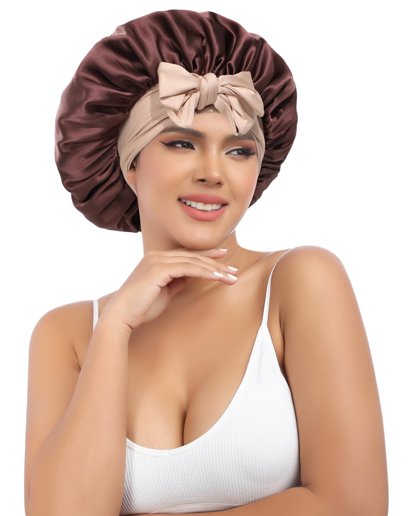 AWAYTR Silk Bonnet for Sleeping Women 100% Mulberry Silk Bonnet with Band 2 Layer Reversible Hair Bonnet Sleeping Hair Wrap (Dark Brown/Light