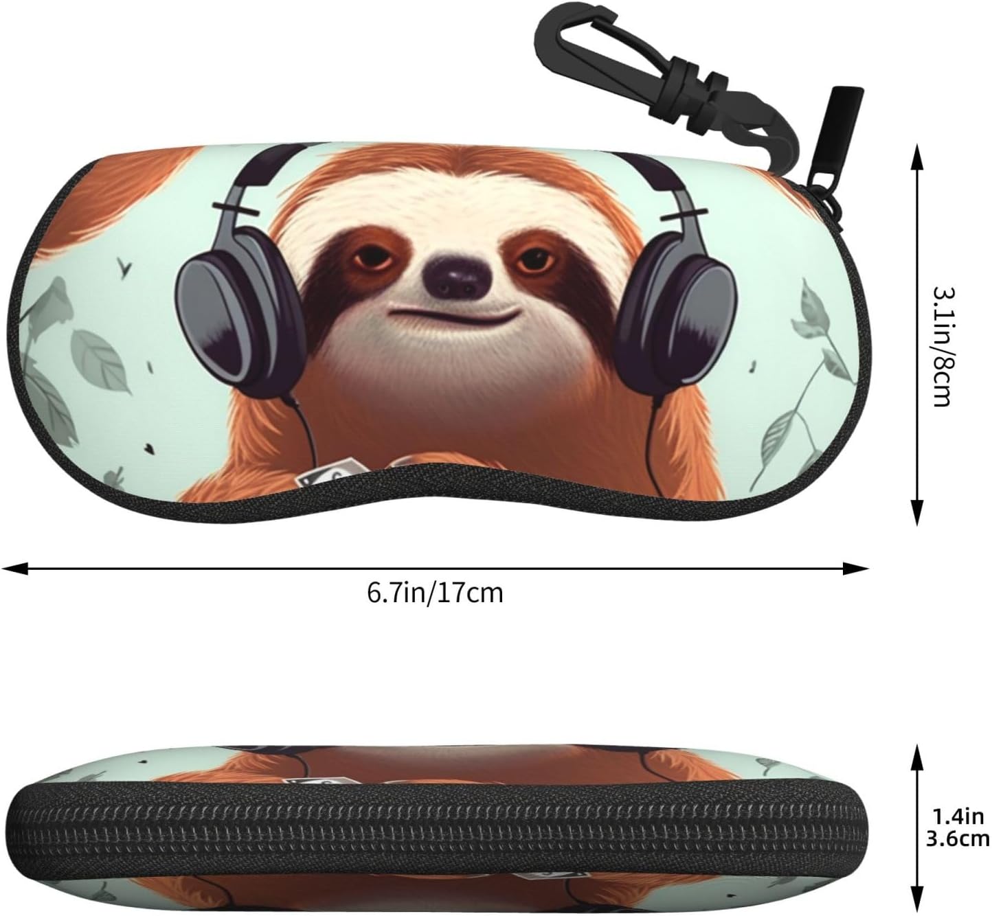 funny Cute Animal Sloth Music Eyeglass Case Ultra Light Neoprene Glasses Pouch Portable Eyewear Storage, Shockproof Sport Glasses Case with Carabiner Travel Zipper Sunglasses Organizer for Women Men image 2