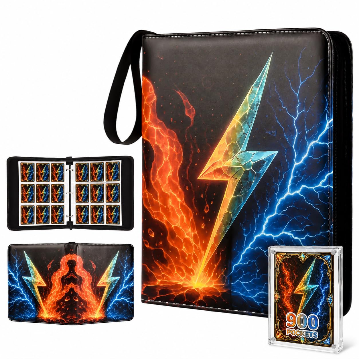 Lightning Trading Card Binder, 900 Cards, 9-Pocket Pages, Zipper