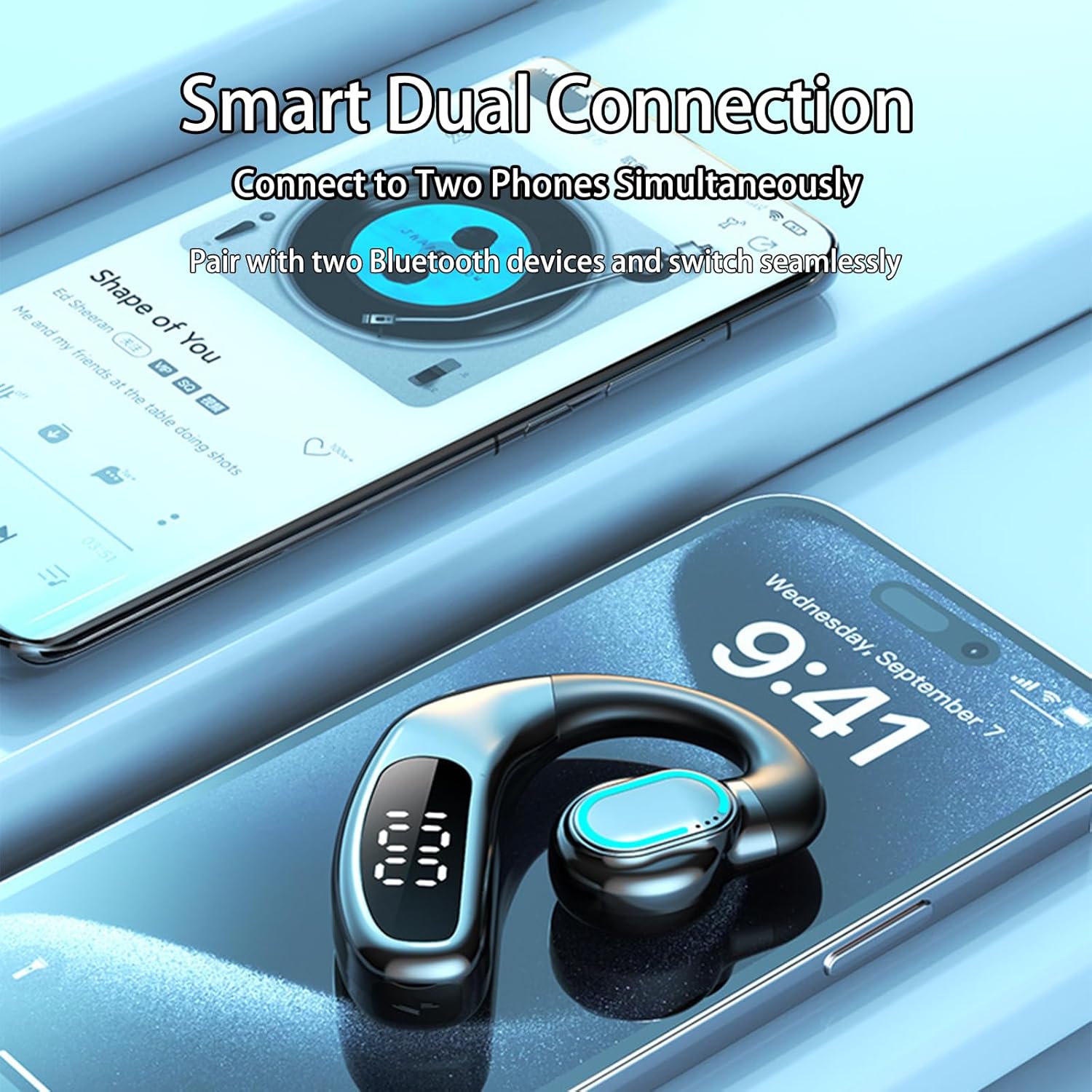 Single Ear Bluetooth 5.5 Earbud-F80(Blue), ENC Noise Cancellation Mic, Hi-Fi Sound, Long Battery with Smart Display, Breathing Light, for Android/iPhone.