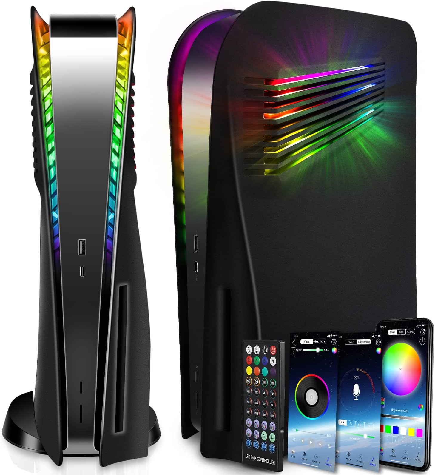 SIKEMAY Console Plates Compatible with PS5 with Vent and RGB LED Light Strip Accessories, 400+ Effects LED Light Ring Console Cover for PlayStation 5 Side Plates Hard Shockproof Anti-Scratch Shell