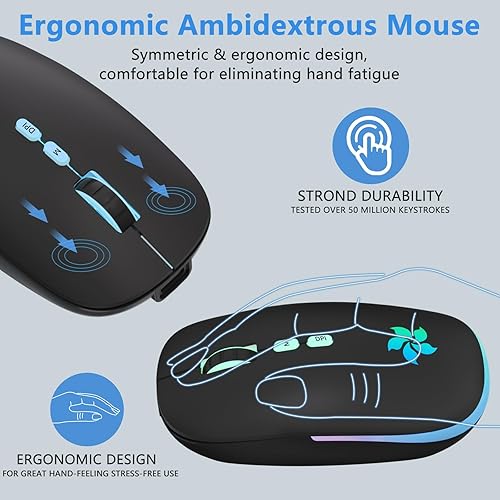 Miniatura 6 de KARFUN Ratón inalámbrico, 2.4 GHz y Bluetooth de dos modos, 7 luces de respiración de color, mouse de computadora para computadora