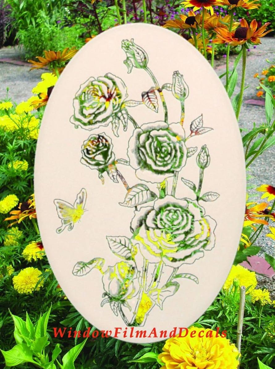 Roses Etched Window Decal Vinyl Glass Cling - 15" x 23" - White w/Clear Design Elements