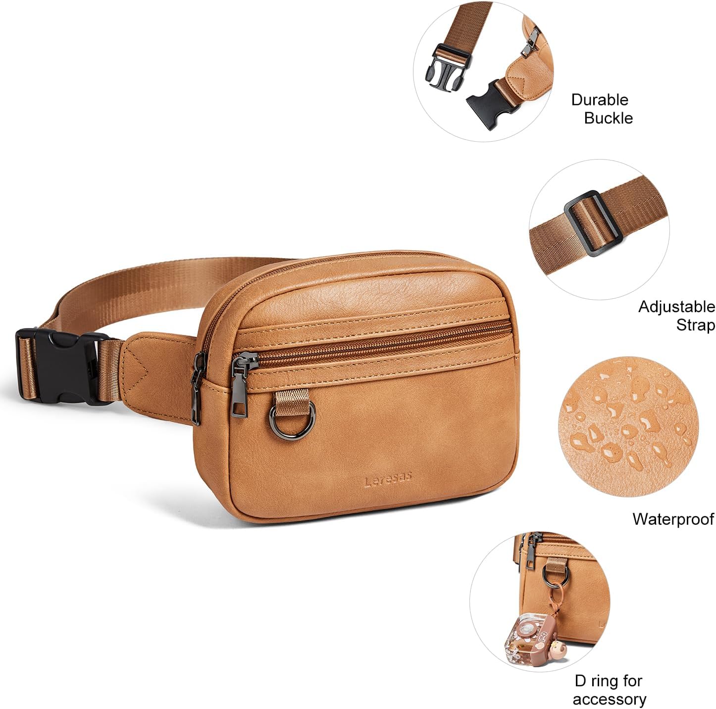 2L Fanny Packs for Women Cross Body Belt Bag Vegan Leather Chic Waist Pack Crossbody Waist Bag Travel Running Tan - Image 7