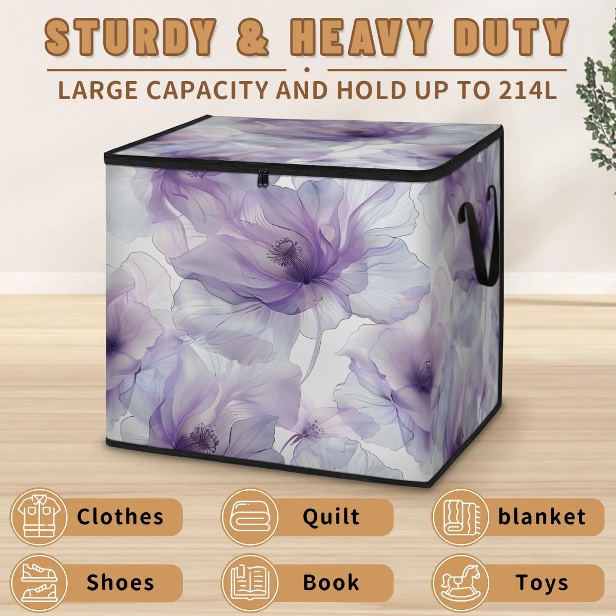 Honeybaby 214L Extra Large Comforter Storage Bag Flowers Purple Abstract Storage Totes with Lids Waterproof Closet Organizer Folding Blanket Storage Bags for Clothes Bedding Pillows