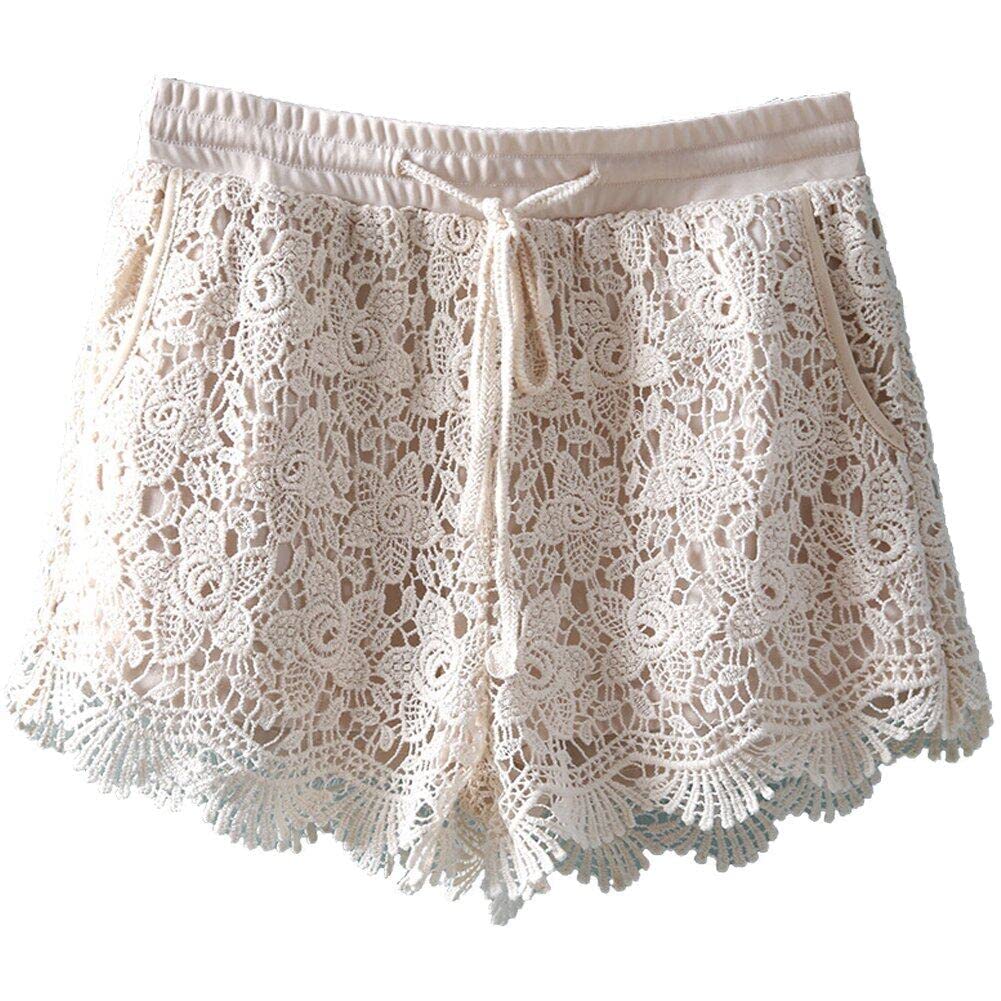 Danlai Women's As Shown Shorts Casual Floral Lace Shorts Elastic Waist Beach Shorts Summer Drawstring Short Pants Lounge Shorts For Femme