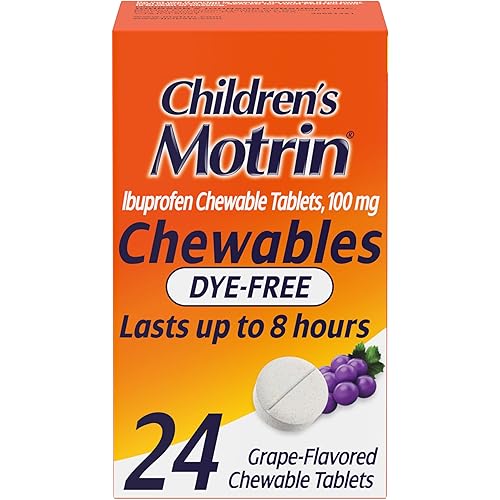 Motrin Children's Dye-Free Chewable Tablets with Ibuprofen, Kids' Fever Reducer & Pain Reliever for Sore Throat, Fever, Toothache & Pain Relief, Grape Flavor, 24 Ct