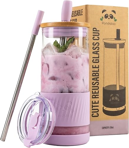 Pandaloo Vasos de vidrio con tapas y popotes - 20 Fl Oz - Tamaño perfecto para taza de café helado - Vaso de batido con tapa de bambú y tapa para